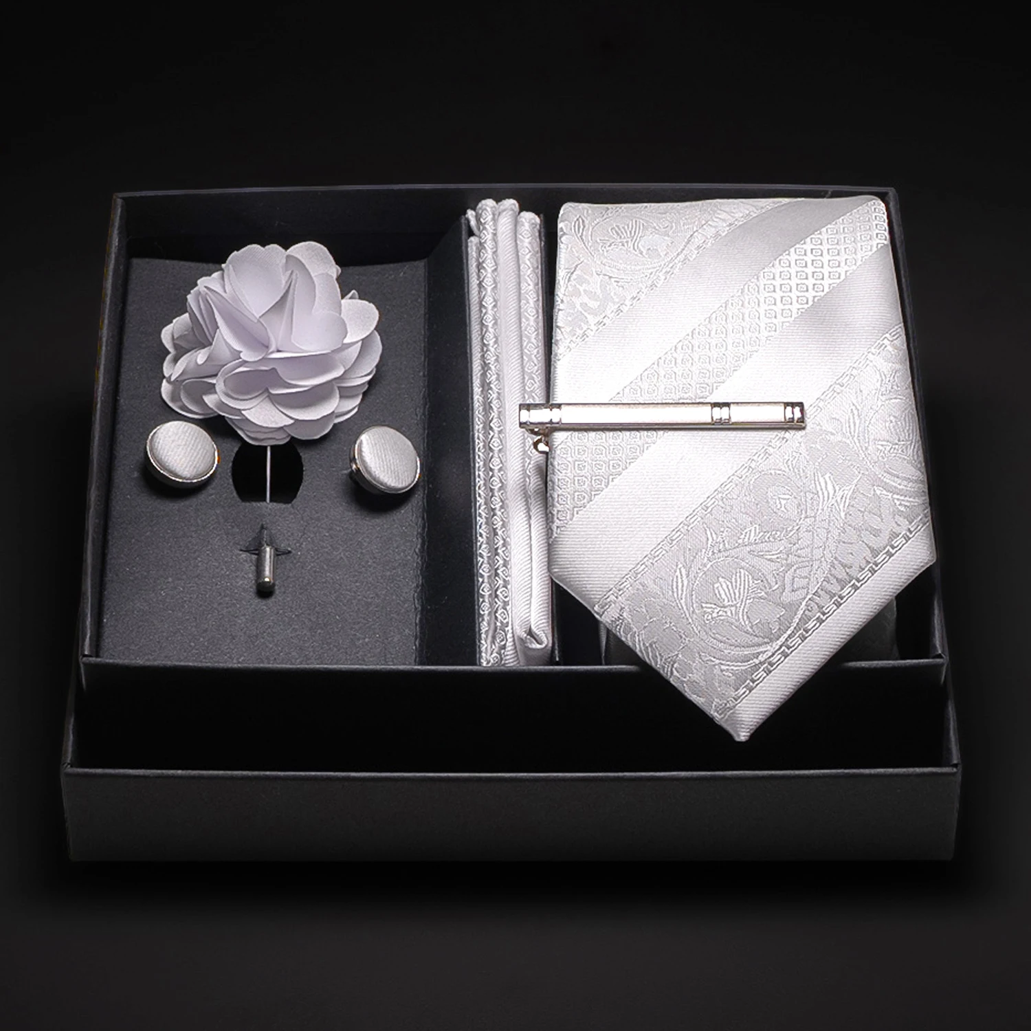 JEMYGINS New Designer Silver Gray Ties For Men Wedding Party Neck Tie Pocket Square Cufflink Pin Gift Box Set Gravat Accessories