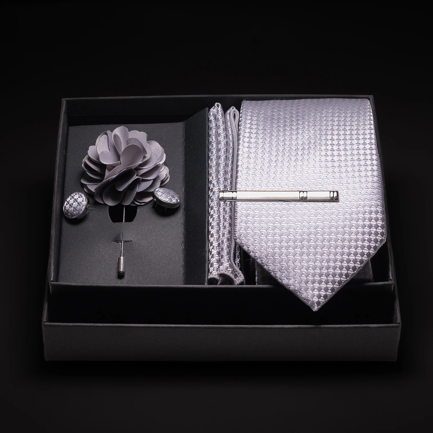 JEMYGINS New Designer Silver Gray Ties For Men Wedding Party Neck Tie Pocket Square Cufflink Pin Gift Box Set Gravat Accessories