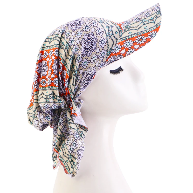 New Muslim Women Brim Cap Pre-Tied Sun Visor Turban Ethnic Print Baseball Caps Head Scarf Hijab Bandage Female Outdoor Hat