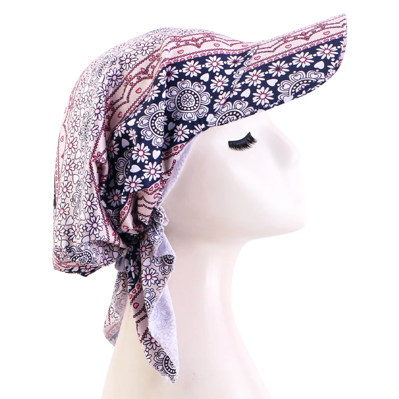 New Muslim Women Brim Cap Pre-Tied Sun Visor Turban Ethnic Print Baseball Caps Head Scarf Hijab Bandage Female Outdoor Hat
