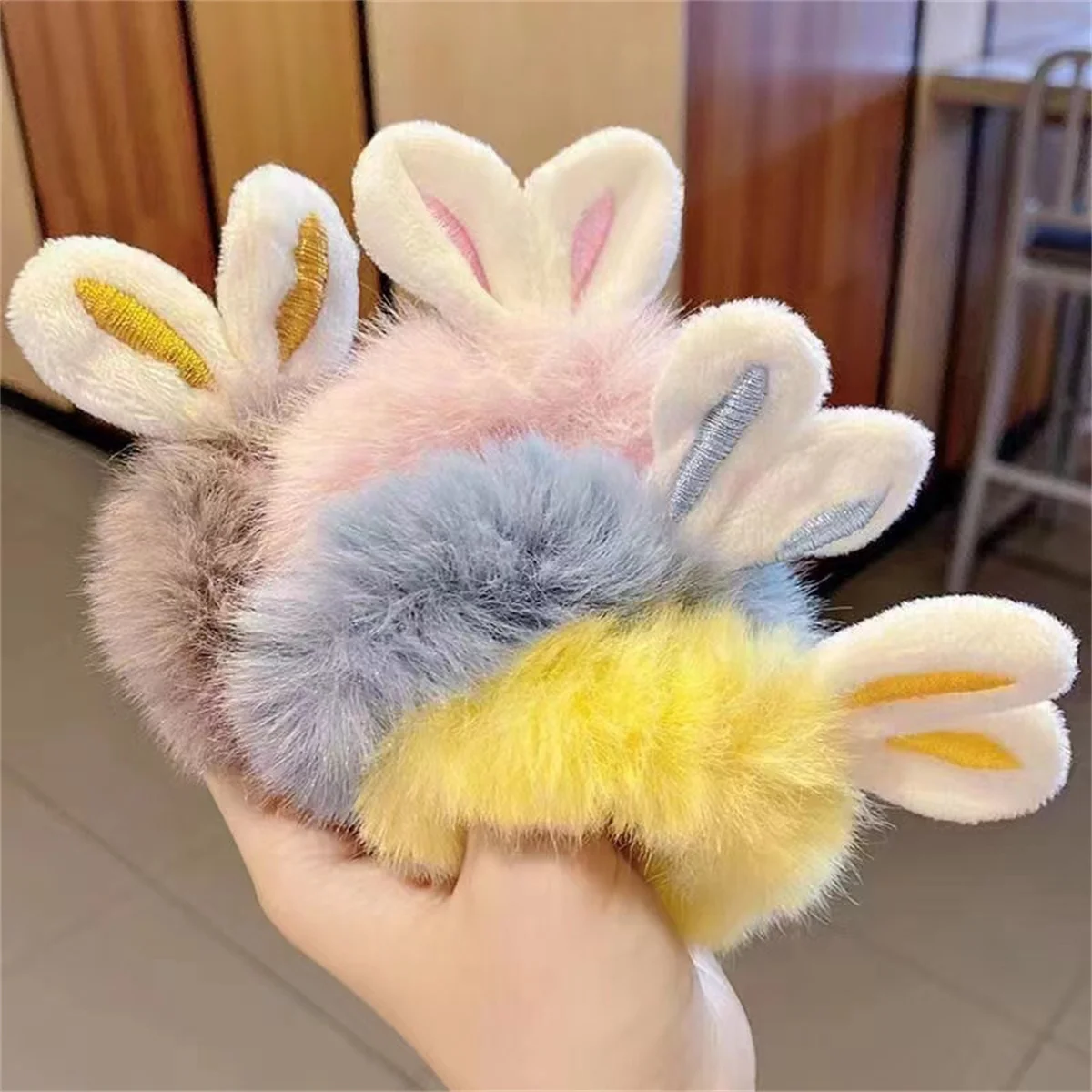 4Pcs Cute Plush Rabbit Ears Scrunchies Hair Ties Fluffy Ponytail Holder Hair Elastics Scrunchy Spiral Hair Ring Hair Accessory