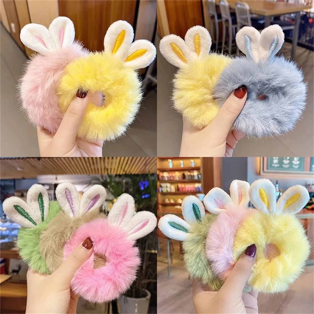 4Pcs Cute Plush Rabbit Ears Scrunchies Hair Ties Fluffy Ponytail Holder Hair Elastics Scrunchy Spiral Hair Ring Hair Accessory