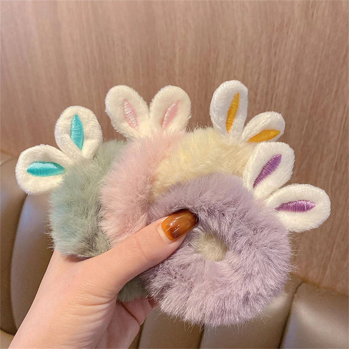 4Pcs Cute Plush Rabbit Ears Scrunchies Hair Ties Fluffy Ponytail Holder Hair Elastics Scrunchy Spiral Hair Ring Hair Accessory