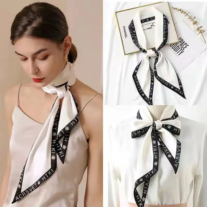 Cute Bunny Print Hair Ribbon Bevel Scarf Women Neck Tie Bag Scarfs Satin Silk Skinny Headscarves Ladies Foulard Floral Bands