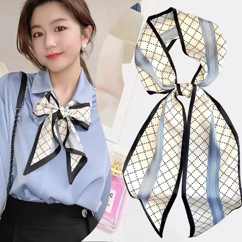 Cute Bunny Print Hair Ribbon Bevel Scarf Women Neck Tie Bag Scarfs Satin Silk Skinny Headscarves Ladies Foulard Floral Bands