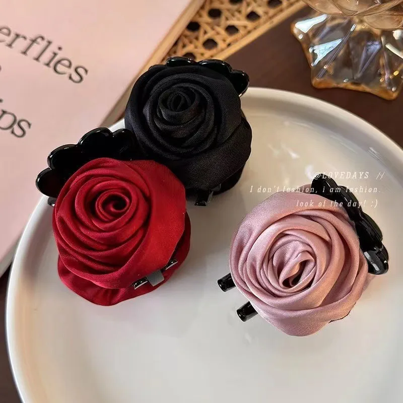 French Big Double Rose Flower Hair Claw Clips for Women Girls Vintage Satin Solid Fabric Handmade Shark Hairgrip Accessories New
