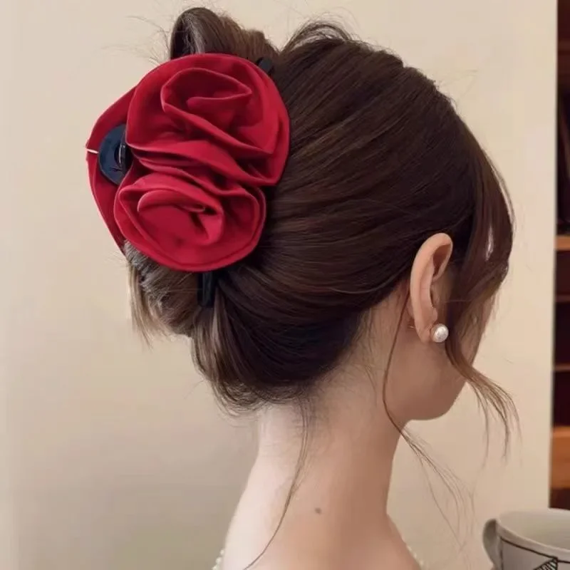 French Big Double Rose Flower Hair Claw Clips for Women Girls Vintage Satin Solid Fabric Handmade Shark Hairgrip Accessories New