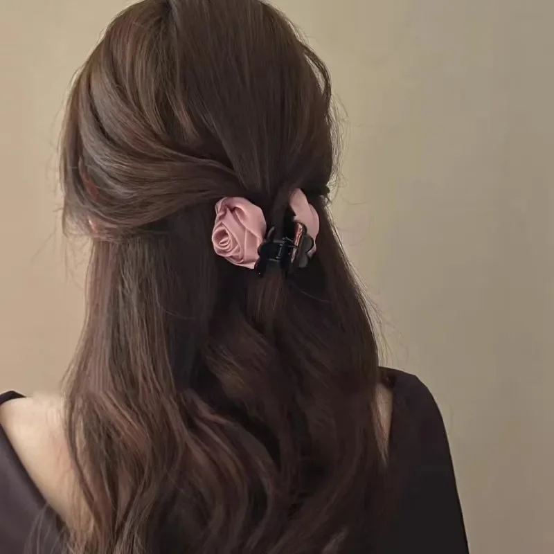 French Big Double Rose Flower Hair Claw Clips for Women Girls Vintage Satin Solid Fabric Handmade Shark Hairgrip Accessories New