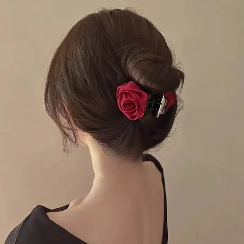 French Big Double Rose Flower Hair Claw Clips for Women Girls Vintage Satin Solid Fabric Handmade Shark Hairgrip Accessories New