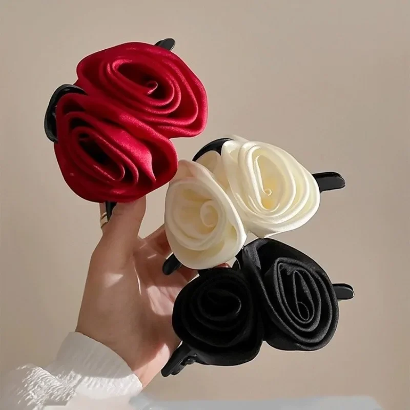 French Big Double Rose Flower Hair Claw Clips for Women Girls Vintage Satin Solid Fabric Handmade Shark Hairgrip Accessories New