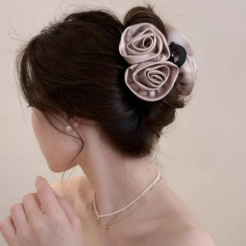French Big Double Rose Flower Hair Claw Clips for Women Girls Vintage Satin Solid Fabric Handmade Shark Hairgrip Accessories New