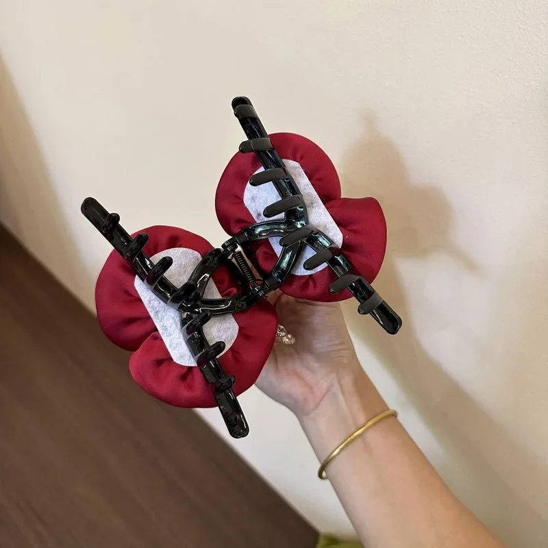French Big Double Rose Flower Hair Claw Clips for Women Girls Vintage Satin Solid Fabric Handmade Shark Hairgrip Accessories New
