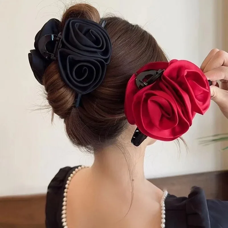 French Big Double Rose Flower Hair Claw Clips for Women Girls Vintage Satin Solid Fabric Handmade Shark Hairgrip Accessories New