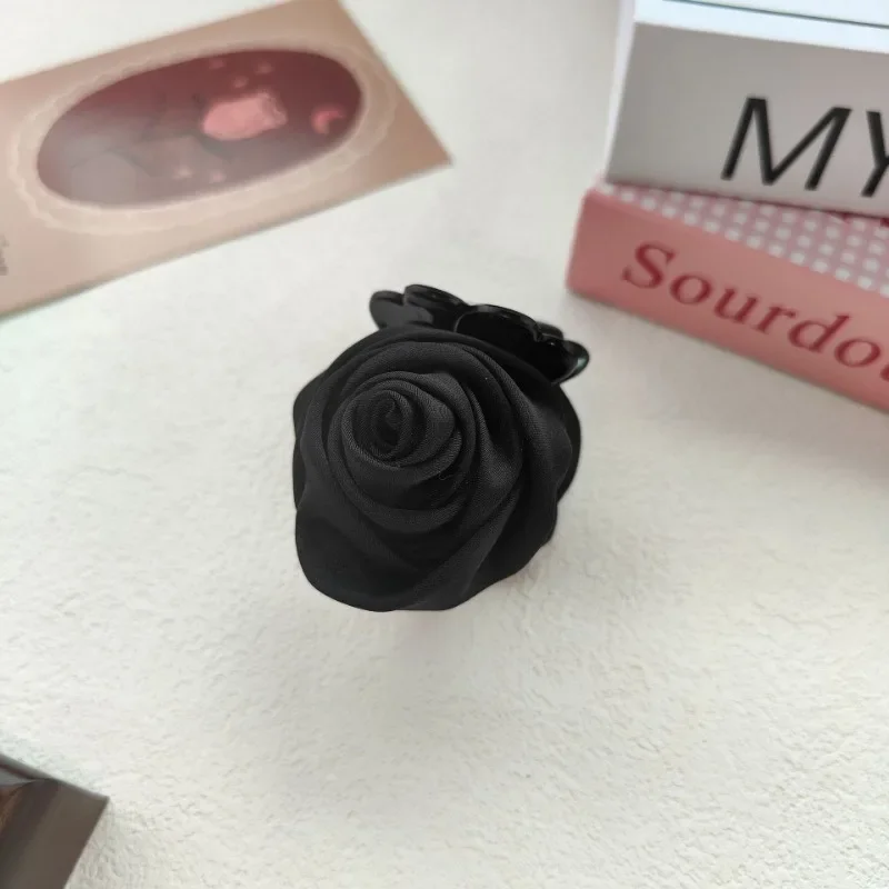 French Big Double Rose Flower Hair Claw Clips for Women Girls Vintage Satin Solid Fabric Handmade Shark Hairgrip Accessories New