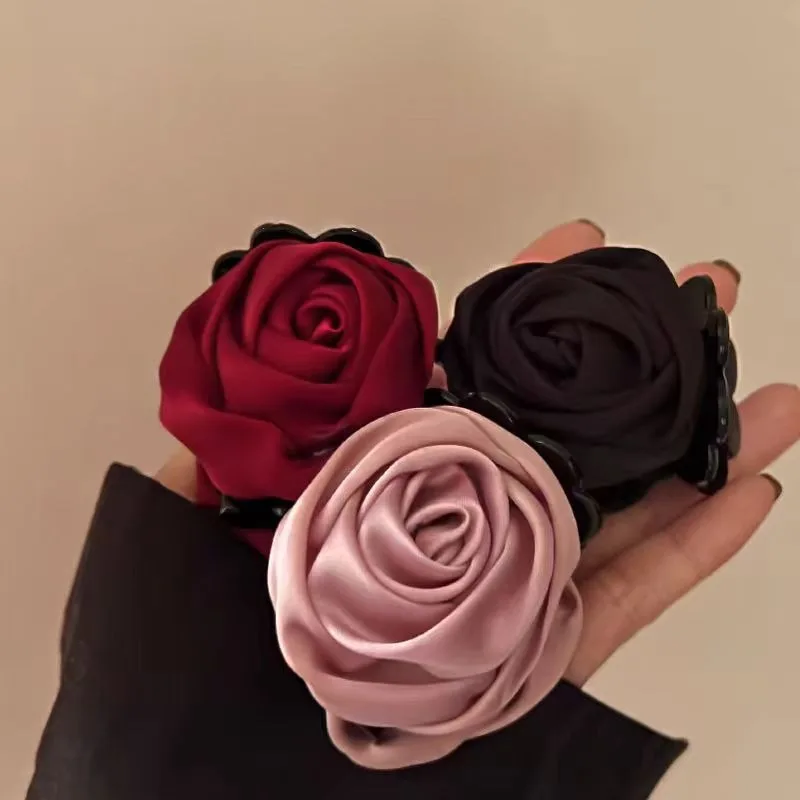 French Big Double Rose Flower Hair Claw Clips for Women Girls Vintage Satin Solid Fabric Handmade Shark Hairgrip Accessories New