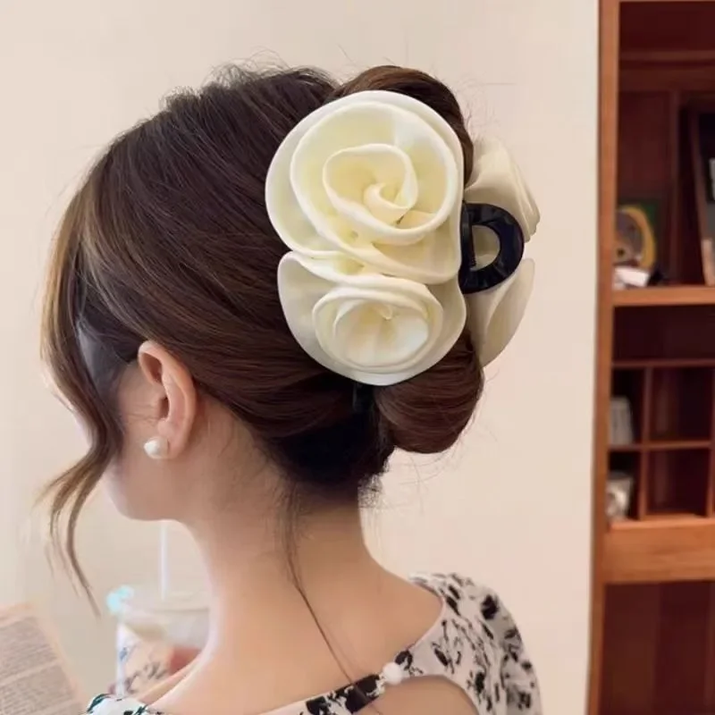 French Big Double Rose Flower Hair Claw Clips for Women Girls Vintage Satin Solid Fabric Handmade Shark Hairgrip Accessories New