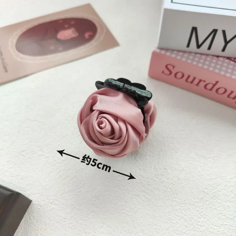 French Big Double Rose Flower Hair Claw Clips for Women Girls Vintage Satin Solid Fabric Handmade Shark Hairgrip Accessories New