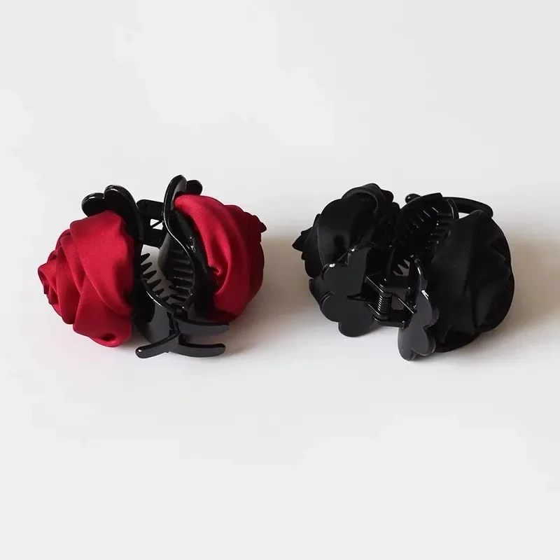 French Big Double Rose Flower Hair Claw Clips for Women Girls Vintage Satin Solid Fabric Handmade Shark Hairgrip Accessories New
