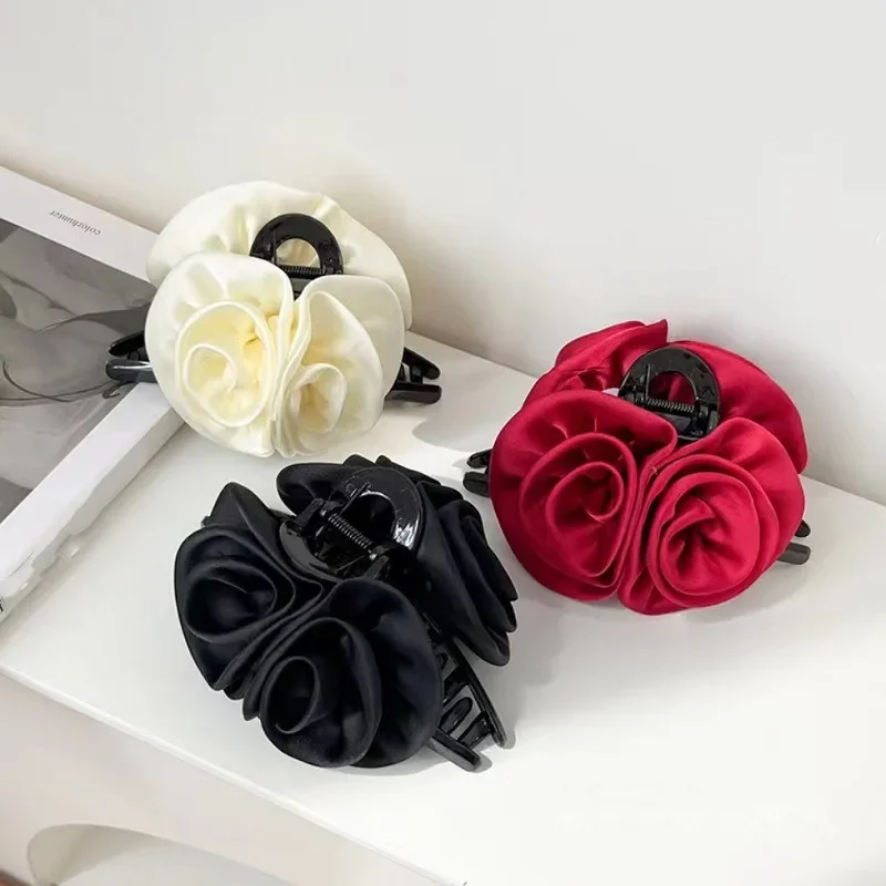 French Big Double Rose Flower Hair Claw Clips for Women Girls Vintage Satin Solid Fabric Handmade Shark Hairgrip Accessories New