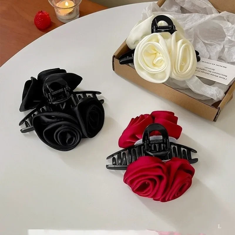 French Big Double Rose Flower Hair Claw Clips for Women Girls Vintage Satin Solid Fabric Handmade Shark Hairgrip Accessories New