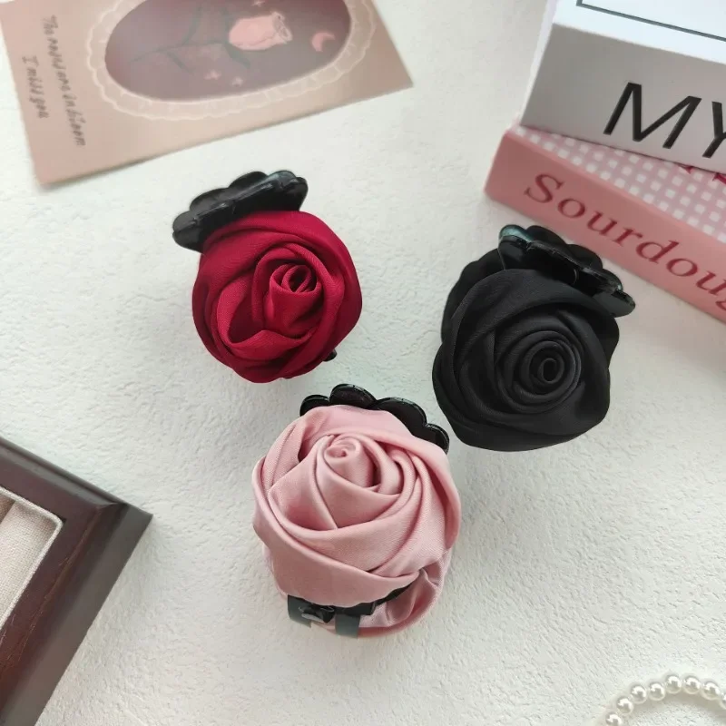 French Big Double Rose Flower Hair Claw Clips for Women Girls Vintage Satin Solid Fabric Handmade Shark Hairgrip Accessories New