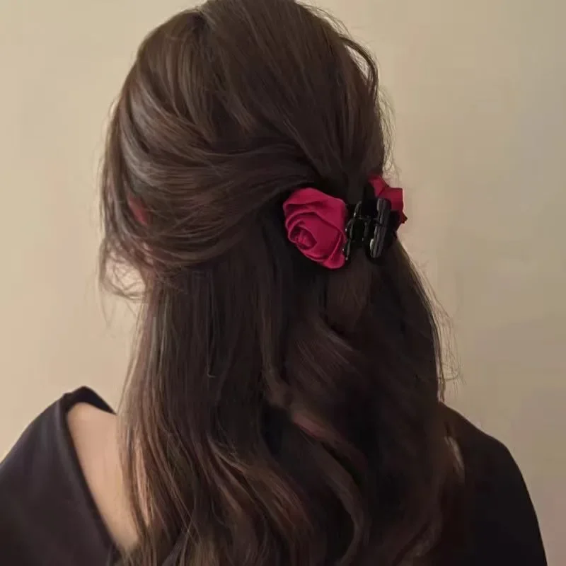 French Big Double Rose Flower Hair Claw Clips for Women Girls Vintage Satin Solid Fabric Handmade Shark Hairgrip Accessories New