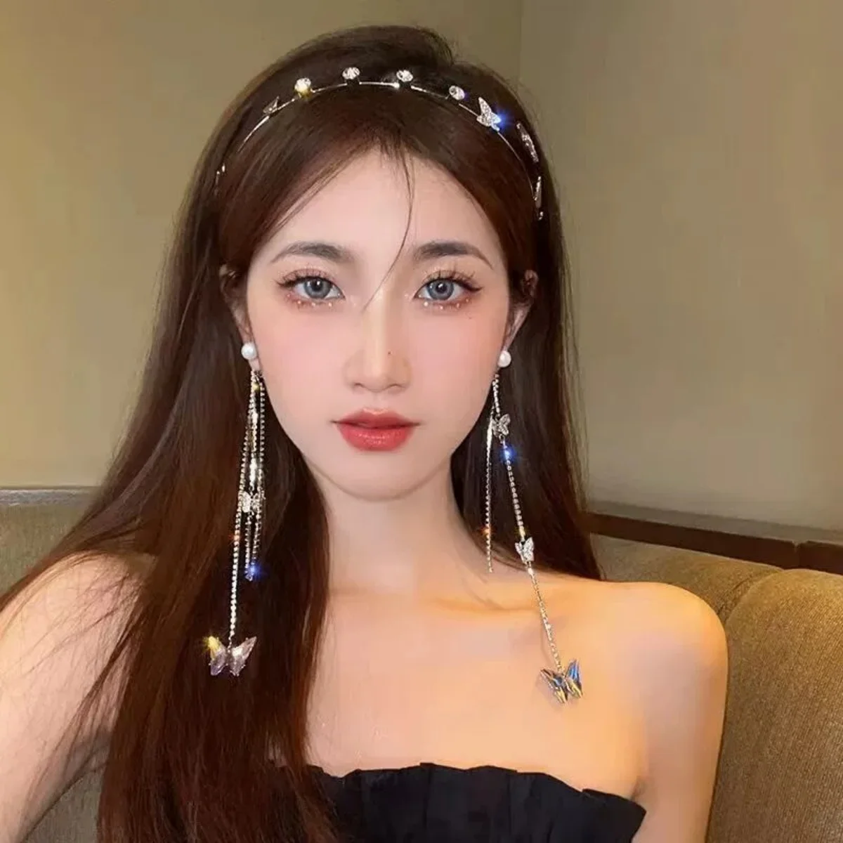 Glitter Girls Hair Hoop Korean Style Shining Rhinestone Headband Butterfly Tassel Hairpin Exquisite Jewelry Hair Accessories
