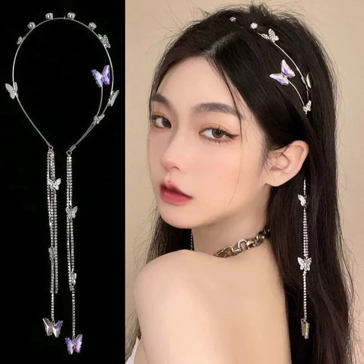 Glitter Girls Hair Hoop Korean Style Shining Rhinestone Headband Butterfly Tassel Hairpin Exquisite Jewelry Hair Accessories