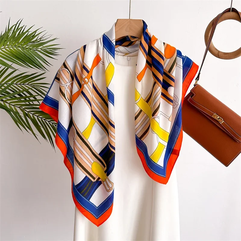 90*90 2024 New Fashion Light Luxury Silk Scarf Women Twill Simple Square Scarves Ladies Sunscreen Shawl Headscarf All Seasons