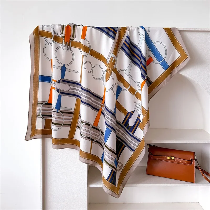 90*90 2024 New Fashion Light Luxury Silk Scarf Women Twill Simple Square Scarves Ladies Sunscreen Shawl Headscarf All Seasons