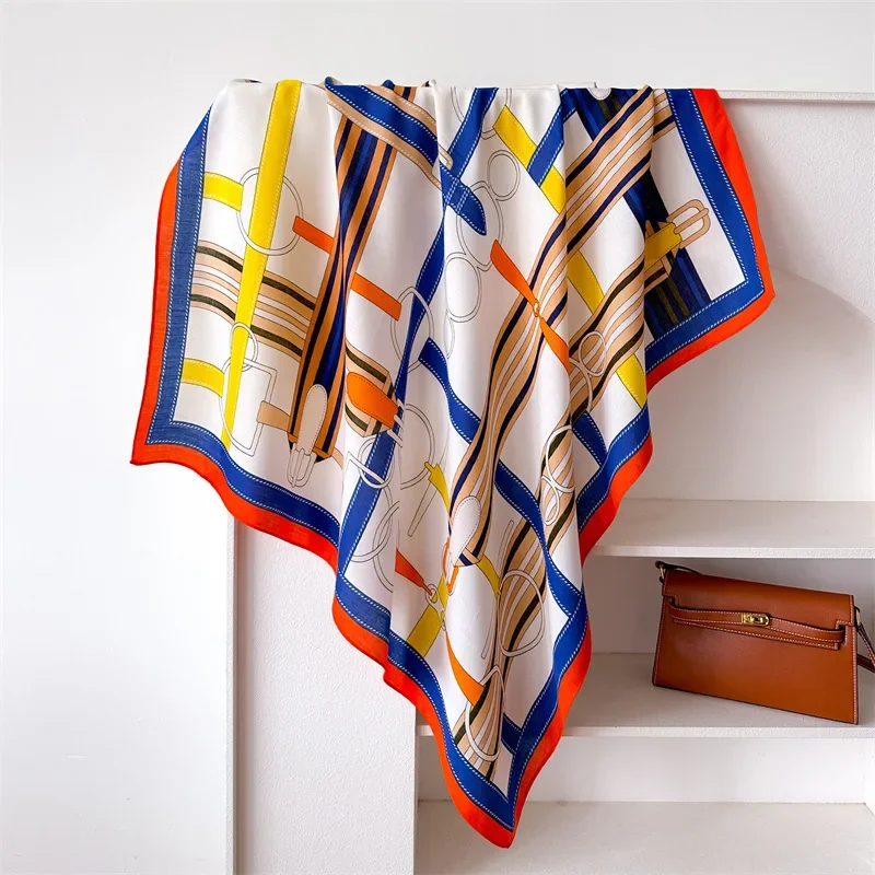 90*90 2024 New Fashion Light Luxury Silk Scarf Women Twill Simple Square Scarves Ladies Sunscreen Shawl Headscarf All Seasons