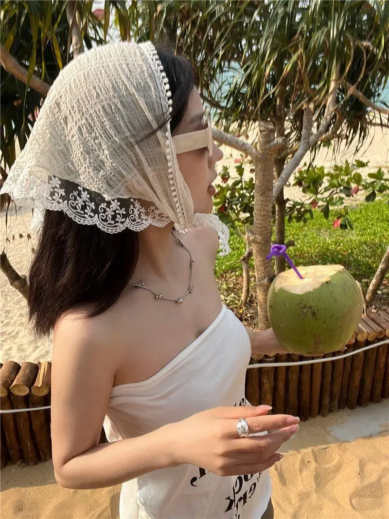 Korean Sweet Cute Handmade Crochet Hollow Triangle Headband Towel Women Spring and Summer Travel Literary Photo Hair Scarf