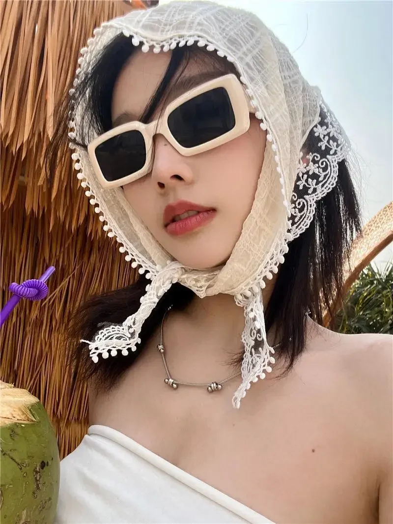 Korean Sweet Cute Handmade Crochet Hollow Triangle Headband Towel Women Spring and Summer Travel Literary Photo Hair Scarf