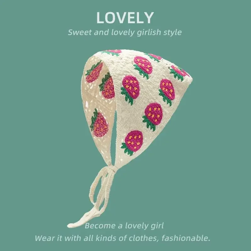 Korean Sweet Cute Handmade Crochet Hollow Triangle Headband Towel Women Spring and Summer Travel Literary Photo Hair Scarf