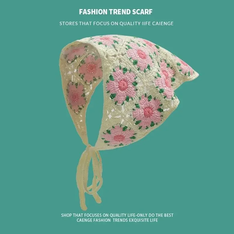 Korean Sweet Cute Handmade Crochet Hollow Triangle Headband Towel Women Spring and Summer Travel Literary Photo Hair Scarf