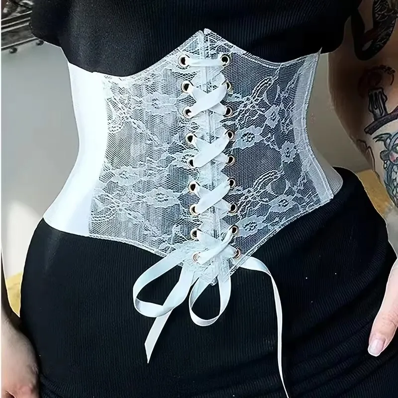 Fashionable wide version transparent lace waist waistband waist seal women's versatile dress top decorated with lace elastic wai