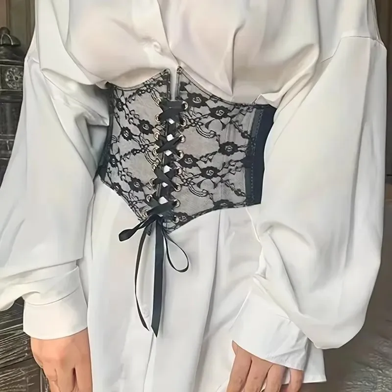 Fashionable wide version transparent lace waist waistband waist seal women's versatile dress top decorated with lace elastic wai