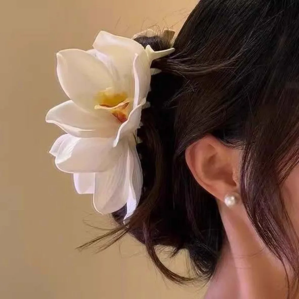 Yellow Elegant Magnolia Shark Clip Acrylic Sweet Yulan Flower Hair Claw Side Clip French Style Women Hair Accessories Summer