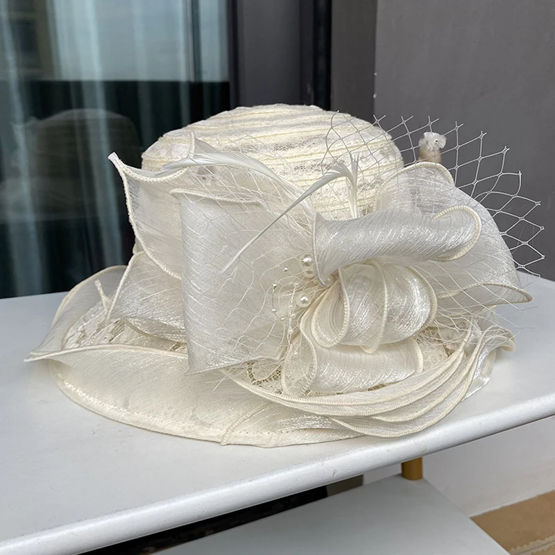 2025Ladies Fascinator Millinery Church Hat Elegant Bow Wide Brim Bucket Hats Kentucky Derby Fedora Women Summer Foldable Sun Cap