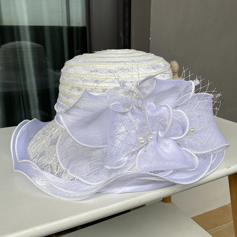 2025Ladies Fascinator Millinery Church Hat Elegant Bow Wide Brim Bucket Hats Kentucky Derby Fedora Women Summer Foldable Sun Cap