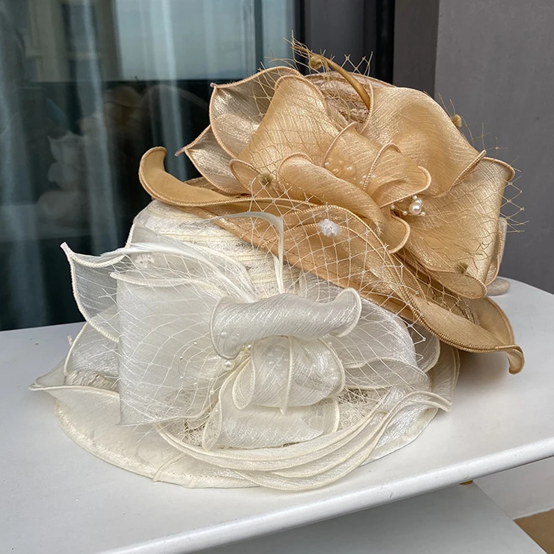 2025Ladies Fascinator Millinery Church Hat Elegant Bow Wide Brim Bucket Hats Kentucky Derby Fedora Women Summer Foldable Sun Cap