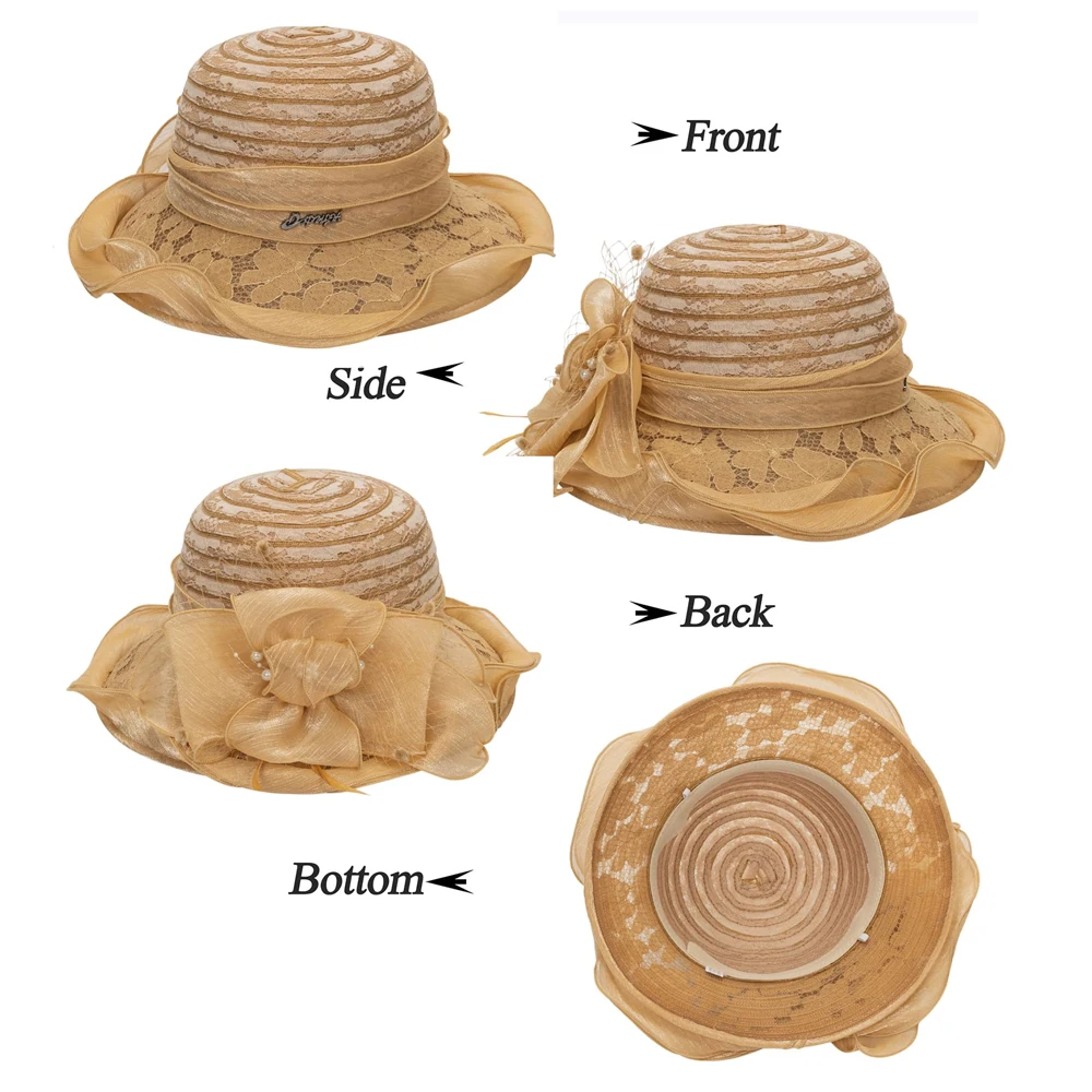 2025Ladies Fascinator Millinery Church Hat Elegant Bow Wide Brim Bucket Hats Kentucky Derby Fedora Women Summer Foldable Sun Cap