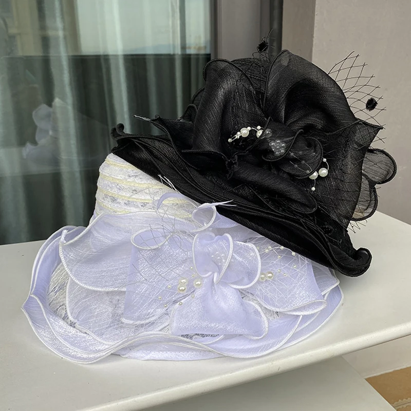 2025Ladies Fascinator Millinery Church Hat Elegant Bow Wide Brim Bucket Hats Kentucky Derby Fedora Women Summer Foldable Sun Cap
