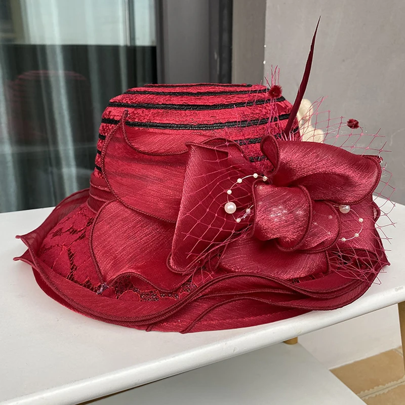 2025Ladies Fascinator Millinery Church Hat Elegant Bow Wide Brim Bucket Hats Kentucky Derby Fedora Women Summer Foldable Sun Cap