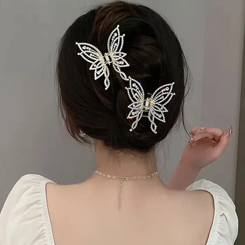 1pc Butterfly Claw Clip for Women's Hair Decoration, Rear Head Ponytail Shark Clip, Elegant Temperament with Rhinestones