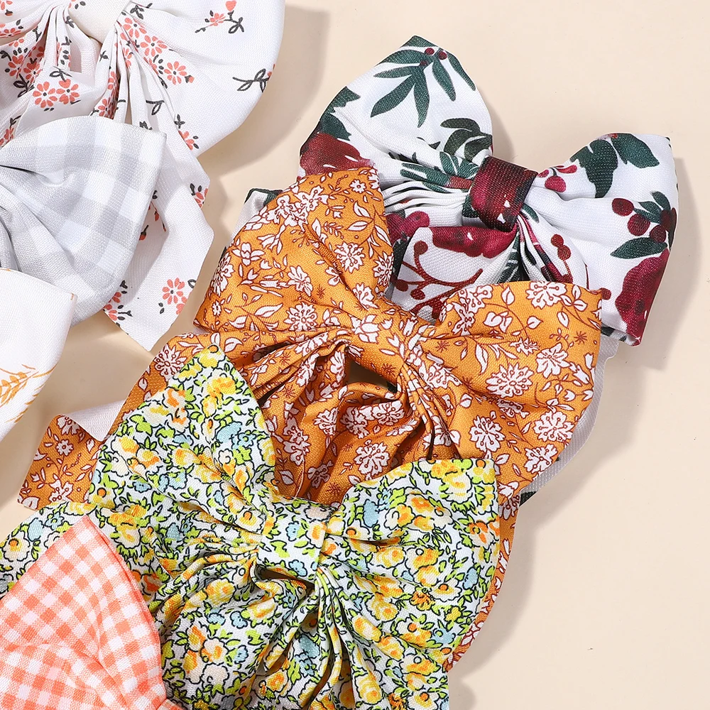 10Pcs Random Bows Hairgripes for Women Printed Cheer Up Bowknot Ribbon Hairclips Girls Ponytail Hair Claw Clips
