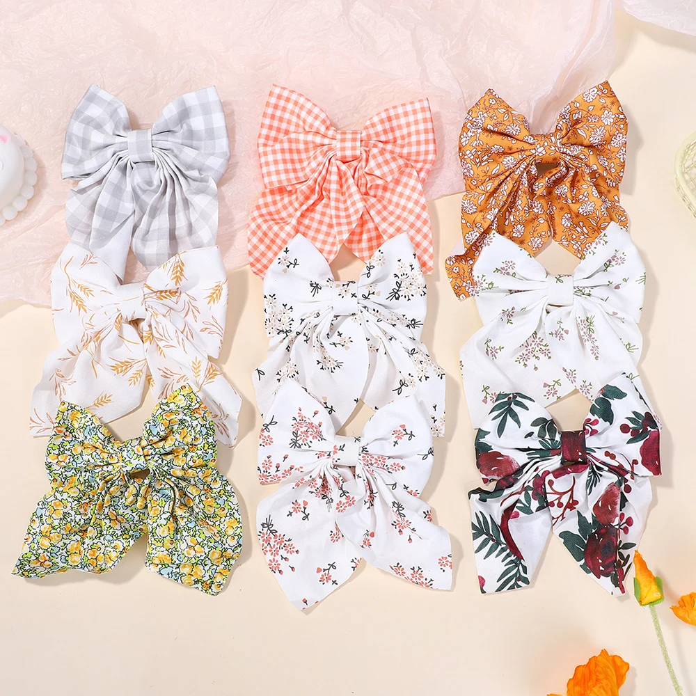 10Pcs Random Bows Hairgripes for Women Printed Cheer Up Bowknot Ribbon Hairclips Girls Ponytail Hair Claw Clips