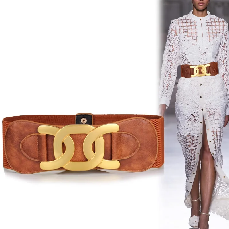 Golden CC Hook Buckle Elegant Belts for Women Retro Elastic Wide Belt Female Ladies Elastic Girdle with Skirt Dress Decorative