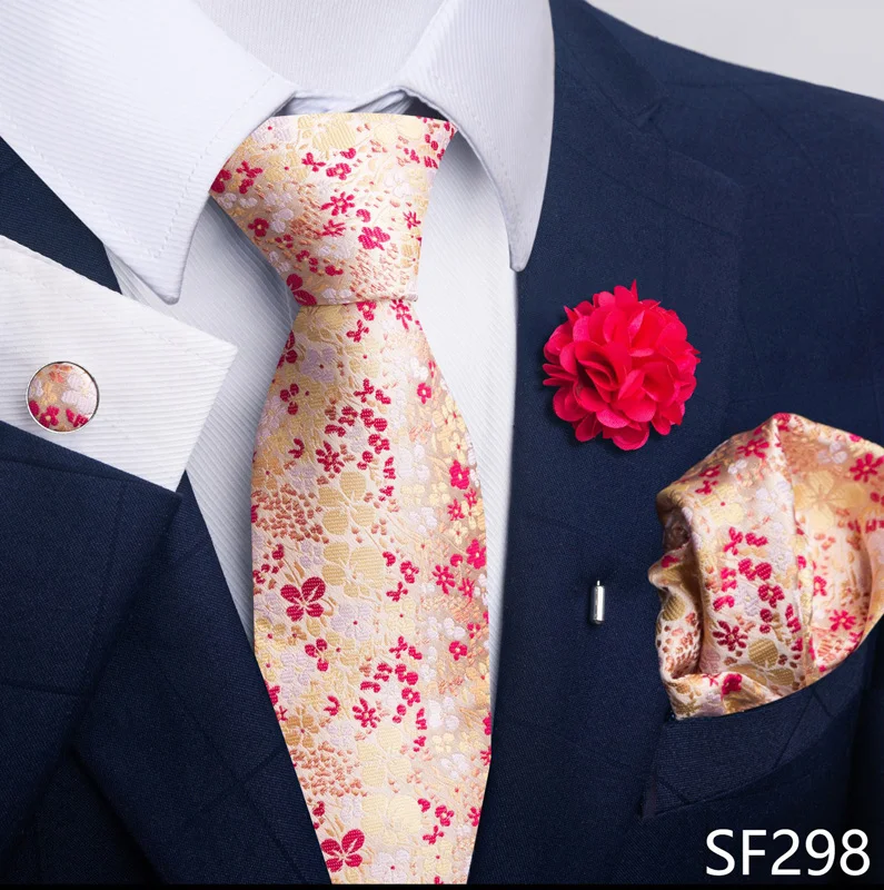 Hot Sale Luxury 8 Cm Blue Floral Ties Pocket Square Cufflinks Brooch Set For Man Suit Accessories Holiday Gift Fit Formal Party