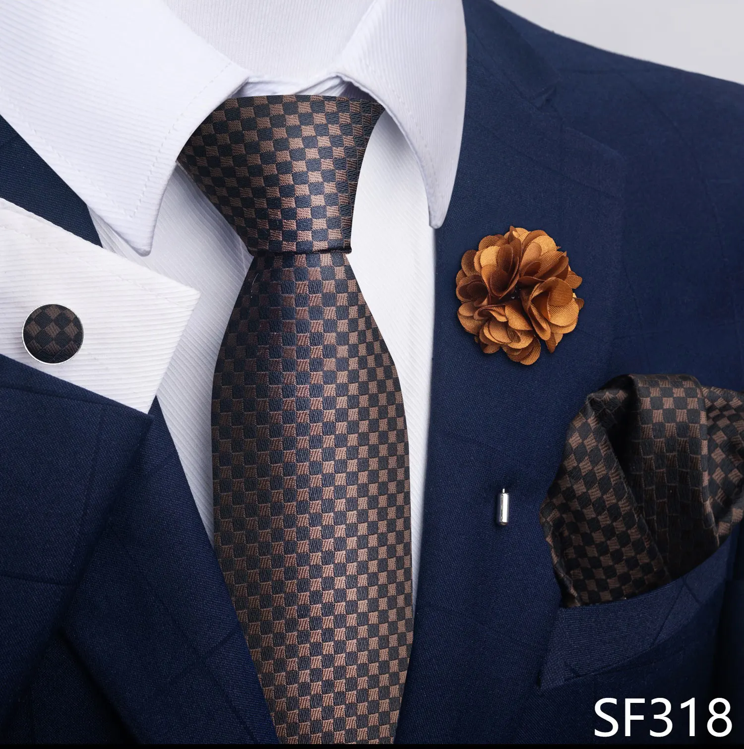Hot Sale Luxury 8 Cm Blue Floral Ties Pocket Square Cufflinks Brooch Set For Man Suit Accessories Holiday Gift Fit Formal Party